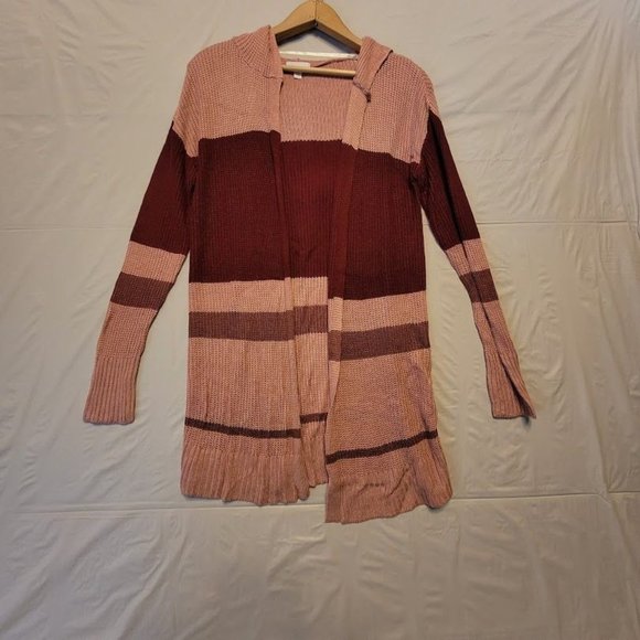 C Pink Red Cardigan Open Front Hooded Long Sweater Size M - Picture 2 of 9